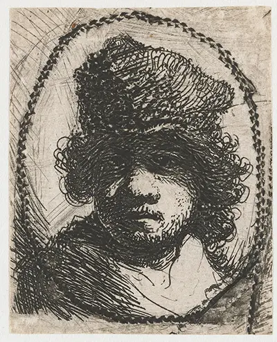 Self Portrait in a Fur Cap, in an Oval Border Rembrandt